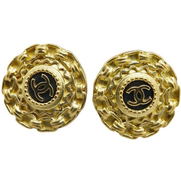 CHANEL CC Logos Black Round Chain Clip-On Earrings Gold Tone 95P Auth w/Box - Picture 2 of 6